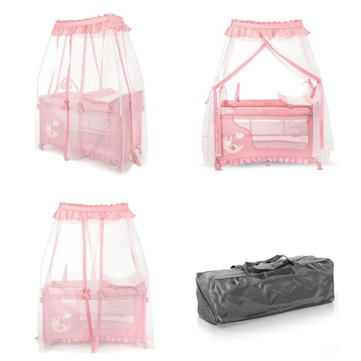 BABYREISEBETT Magic Sleep 2 Ebenen rosa Sterne Wickelauflage, Mobile, Baldachin, Räder, Tragetasche, Polyester - Rosa, Metall (60/120cm) - Lorelli