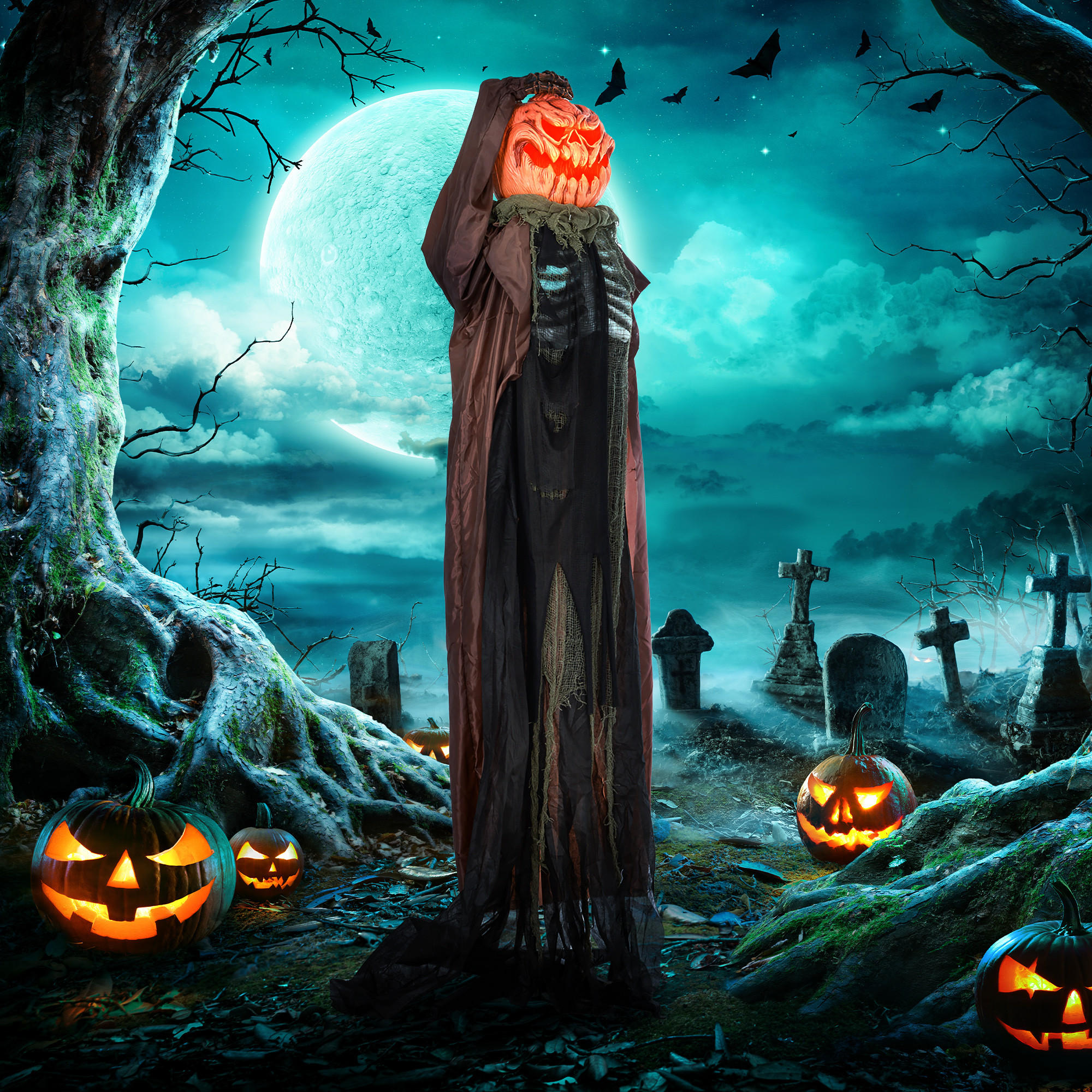 HALLOWEEN DECORATIONS 183cm Skelett-Kürbis mit LED-Lichter, Soundfunktion - Hellbraun, Kunststoff/Metall (65/183/20cm) - HOMCOM