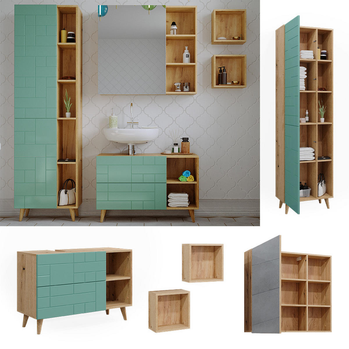 BADMÖBEL-SET Rudi Mintgrün 5 Teile, mit Hochschrank - Eichefarben/Mintgrün, Holzwerkstoff (90/59/32cm) - Vicco