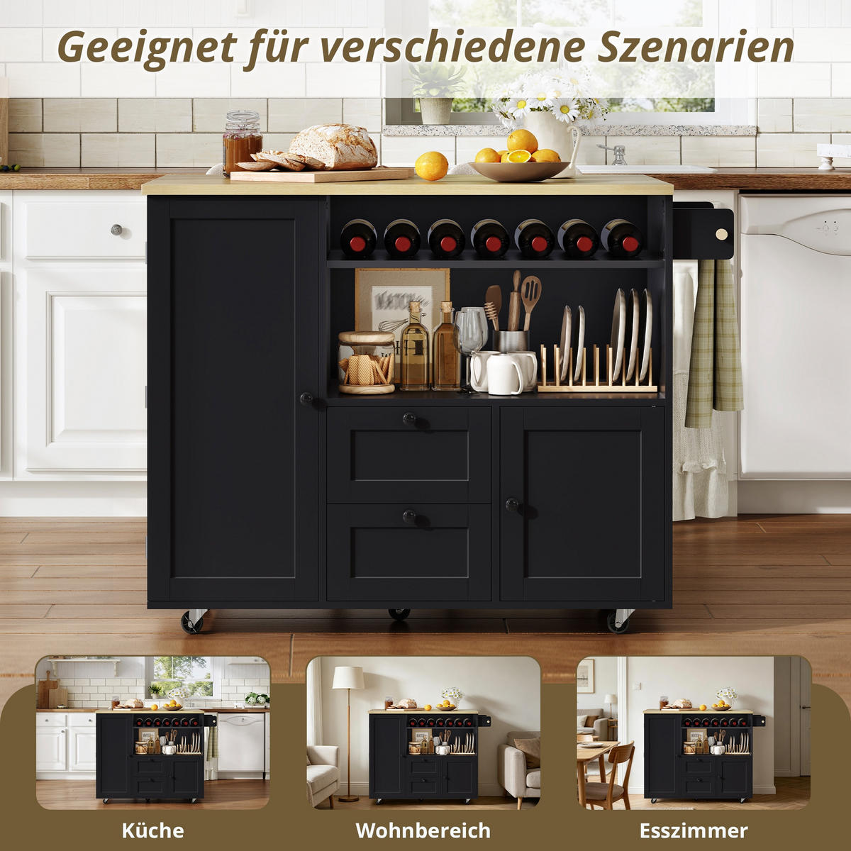 KÜCHENINSEL 104/45/89 cm Natur + Schwarz mit klappbarer Arbeitsplatte, 2 Schubladen und integriertem Weinregal - Schwarz, Holz/Holzwerkstoff (69/89/104cm) - Oxeza