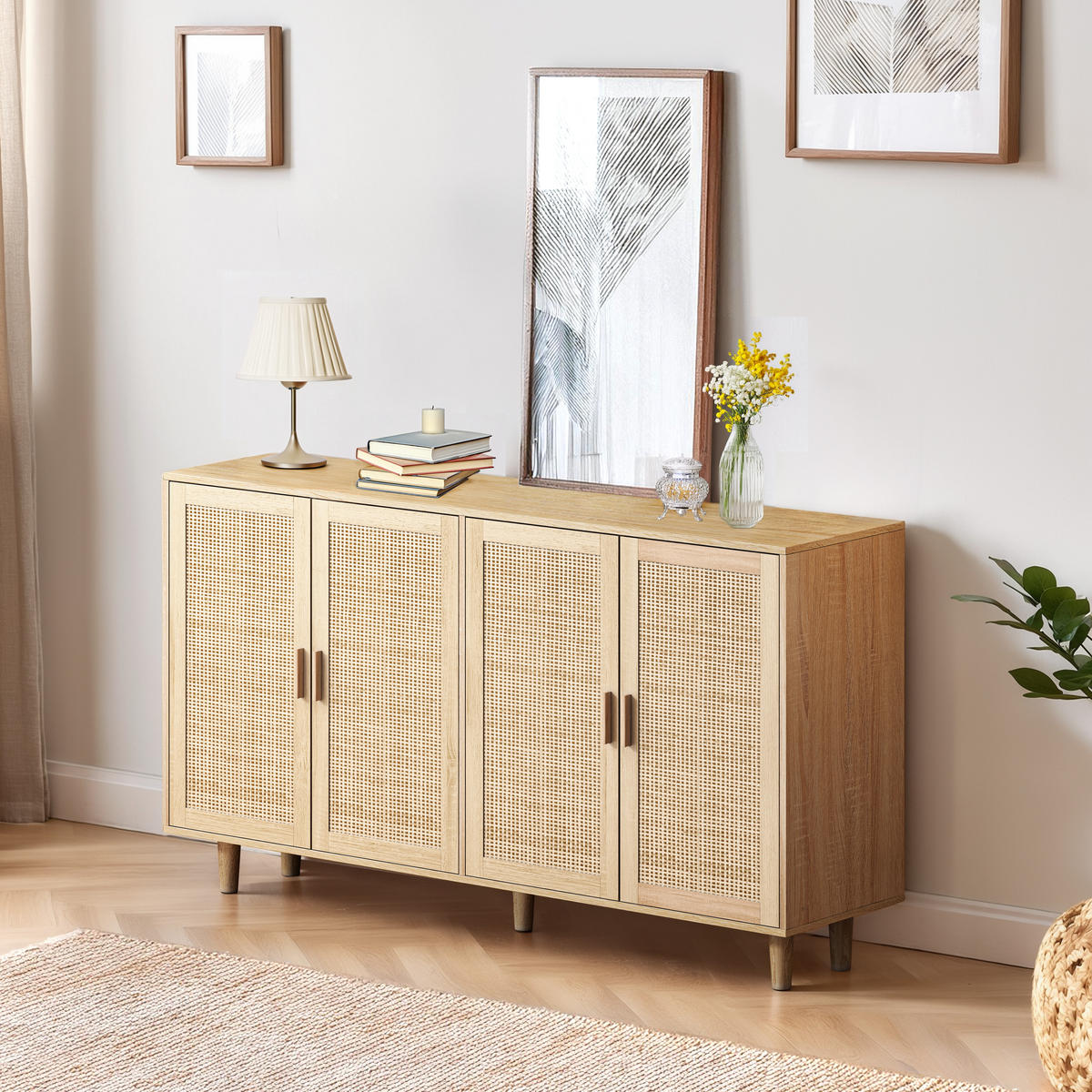 SIDEBOARD aus Spanplatte 158x40x88 cm Natur mit 4 Rattantüren und verstellbarem Einlegeboden - Naturfarben, Holzwerkstoff (158/88/40cm) - Modfu