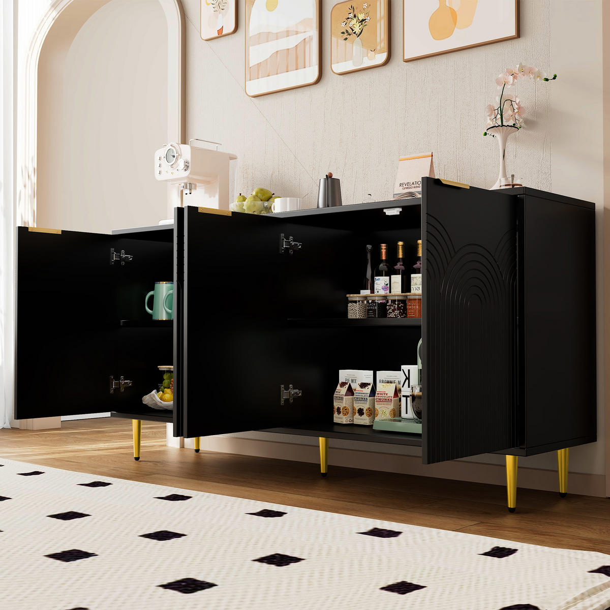 SIDEBOARD 160/40/80 cm mit 4 Türen, Soft-Close und viel Stauraum in Schwarz - Schwarz, Holzwerkstoff (160/80/40cm) - BEAOK