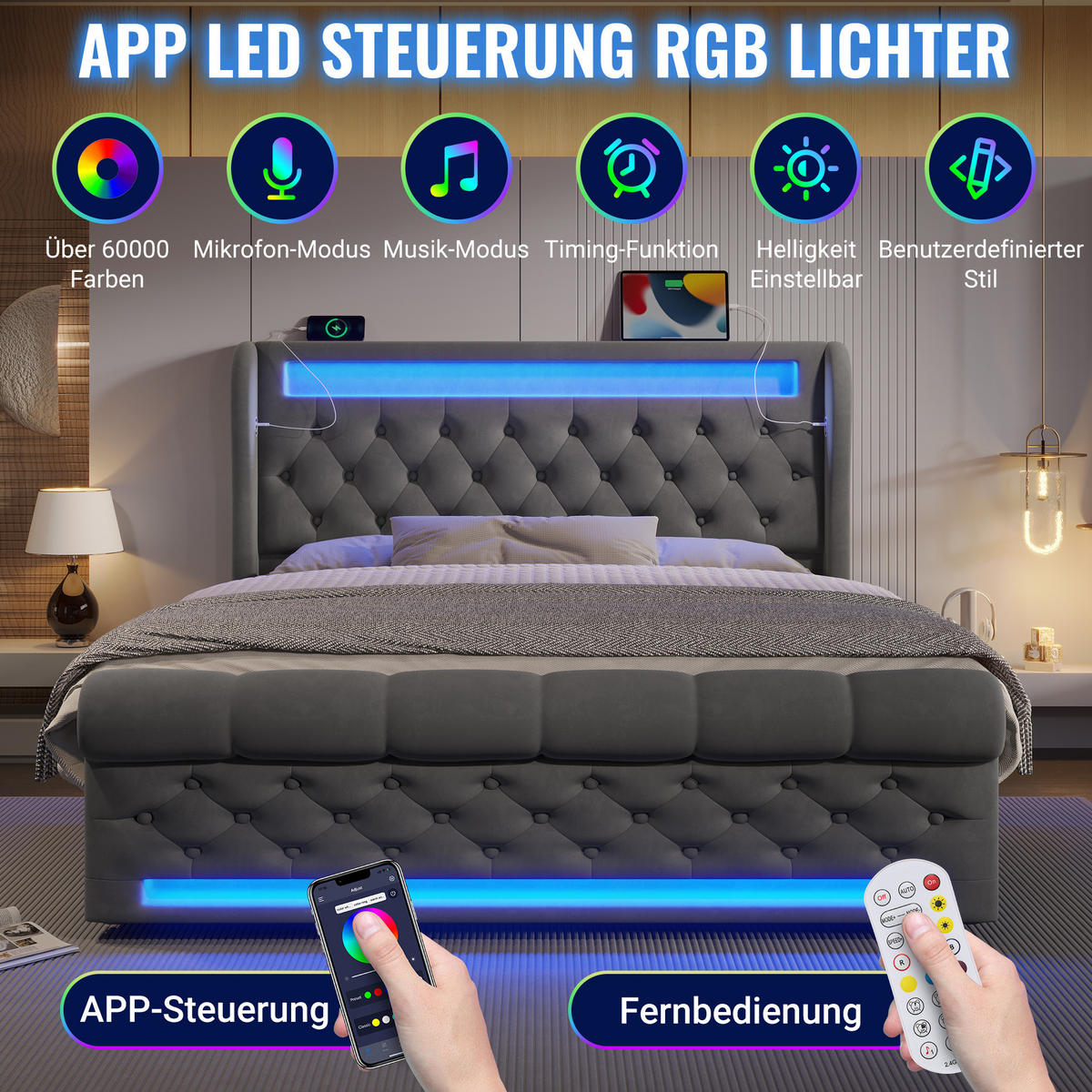 BETT mit LED, Stauraum und Matratze 140x200 cm Samt Grau - Grau, Metall (140/200cm) - Meubliv