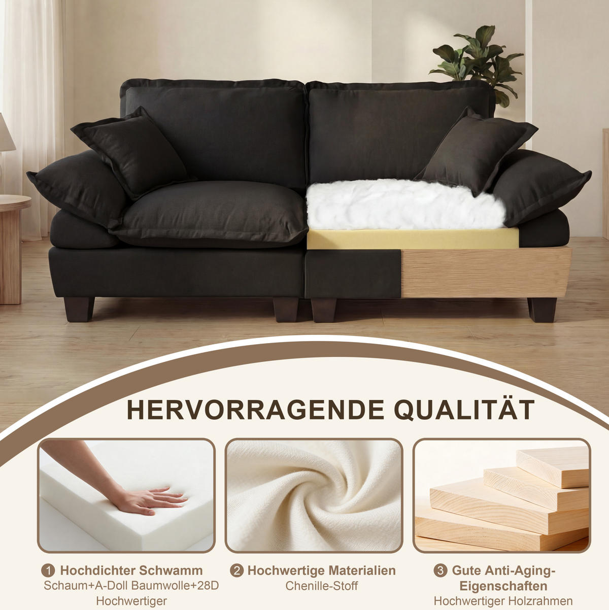ECKSOFA 194/151/90 cm schwarz aus Chenille mit Ottomanen - Schwarz, Textil (151/194cm) - OKWISH