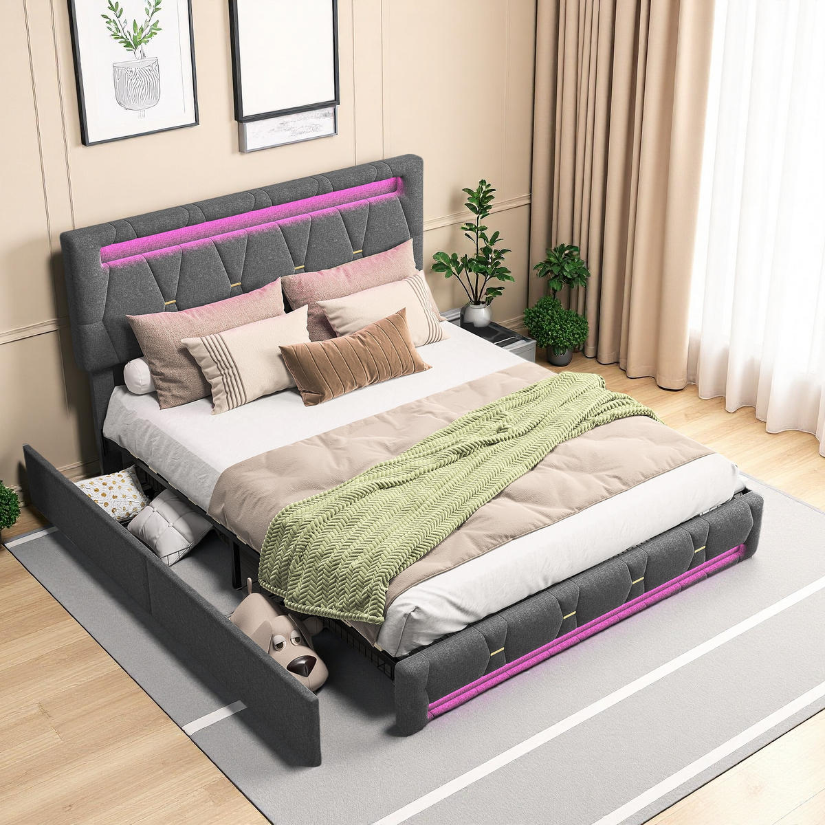 POLSTERBETT 140x200 Grau Leinen LED - Grau, Metall (140/200cm) - SHOPENTRA
