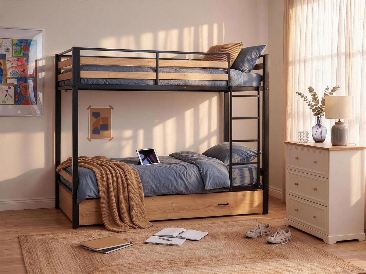 ETAGENBETT - 2 Personen - Metall - Schwarz, Naturfarben Hell - - Schwarz/Naturfarben, Metall - Vente-Unique