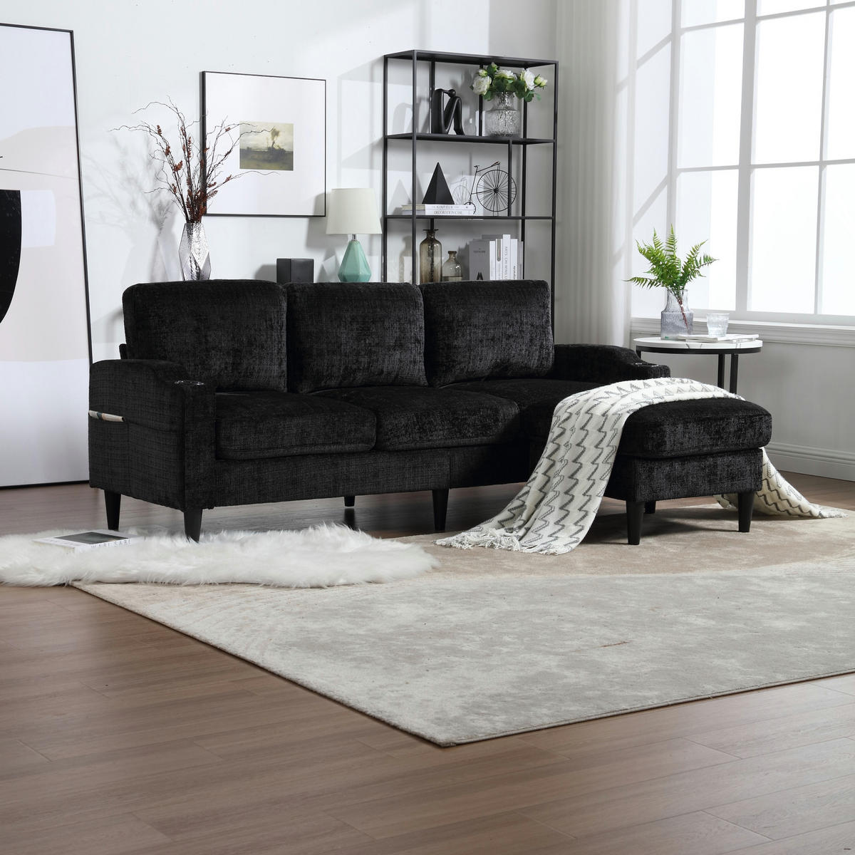 SOFA 4-Sitzer mit Hocker ca. 196,5 x 75 x 77 cm Chenille Black - Schwarz, Kunststoff (196.5/77/75cm) - Meubliv