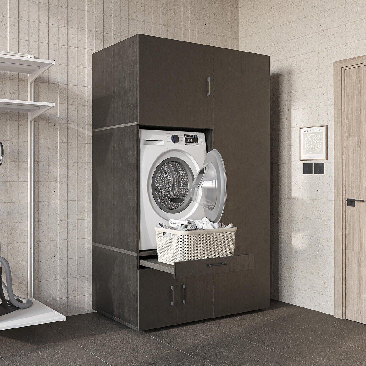 WASCHMASCHINENSCHRANK Serie 3 127cm Breit, 205cm Hoch - Schwarz, Holzwerkstoff (127/205/67cm)