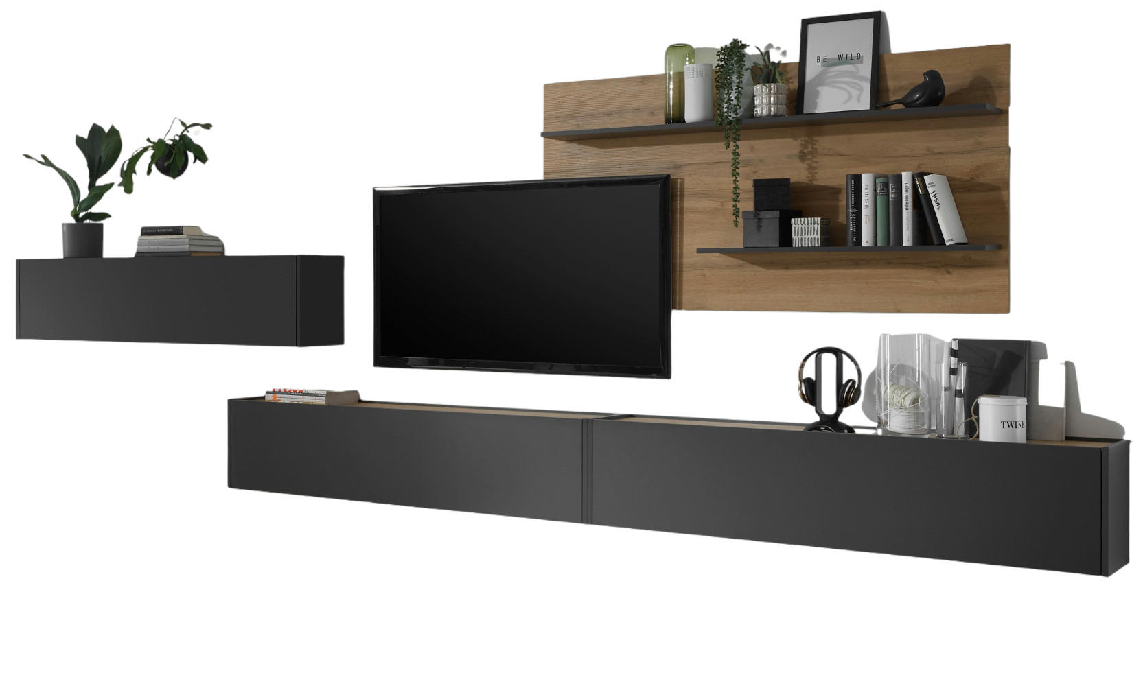 WOHNWAND 4-teilig grau matt, Eiche Wotan 400 cm, Schrankwand hängend - Eiche Wotan/Grau, Holz/Holzwerkstoff (400/180/30cm) - Furn.Design