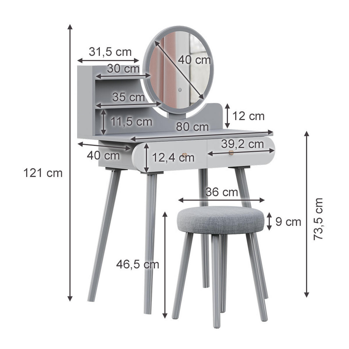 SCHMINKTISCH Edda Grau 80 cm mit LED Beleuchtung und Hocker - Grau, Holzwerkstoff (80/121/40cm) - Vicco