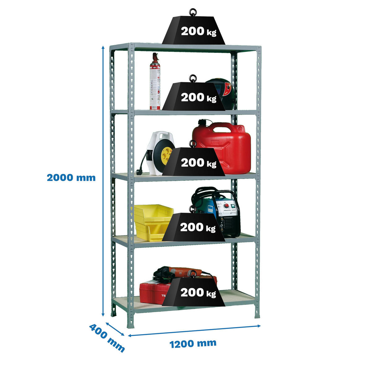 SCHWERLASTREGAL Big Muli HxBxT 200 x 120 x 40 cm 5 Fachböden Fachlast 200 kg Verzinkt - Silberfarben, Metall (120/200/40cm) - PROREGAL