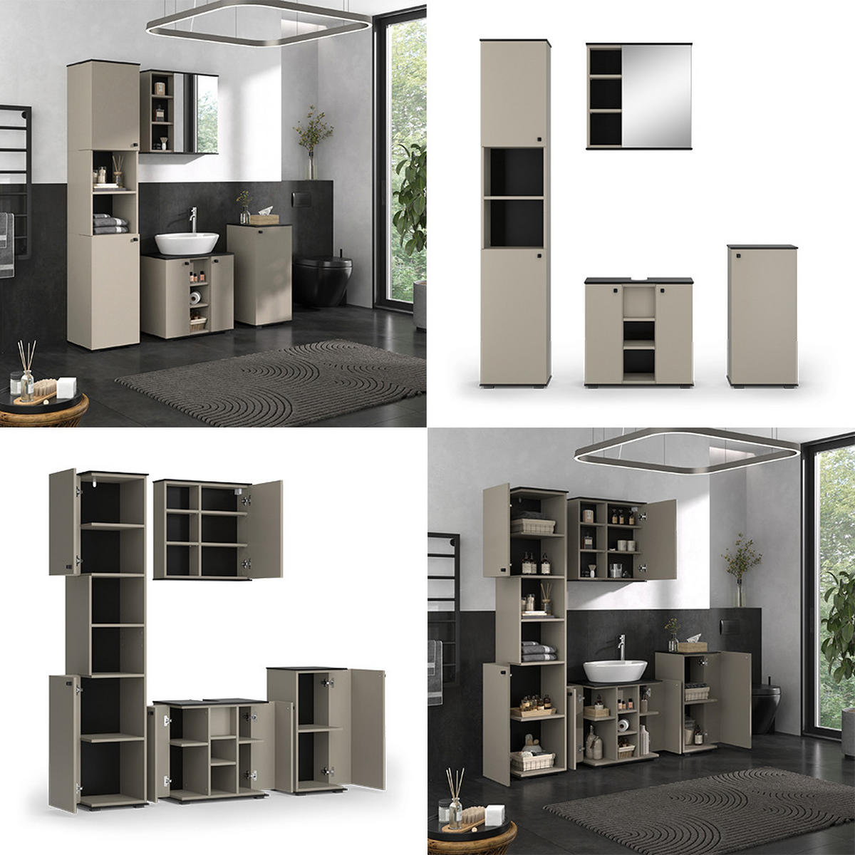 BADMÖBEL-SET Joli Greige 4 Teile, mit Hochschrank und Midischrank - Greige/Schwarz, Holzwerkstoff (60/59/37cm) - Vicco