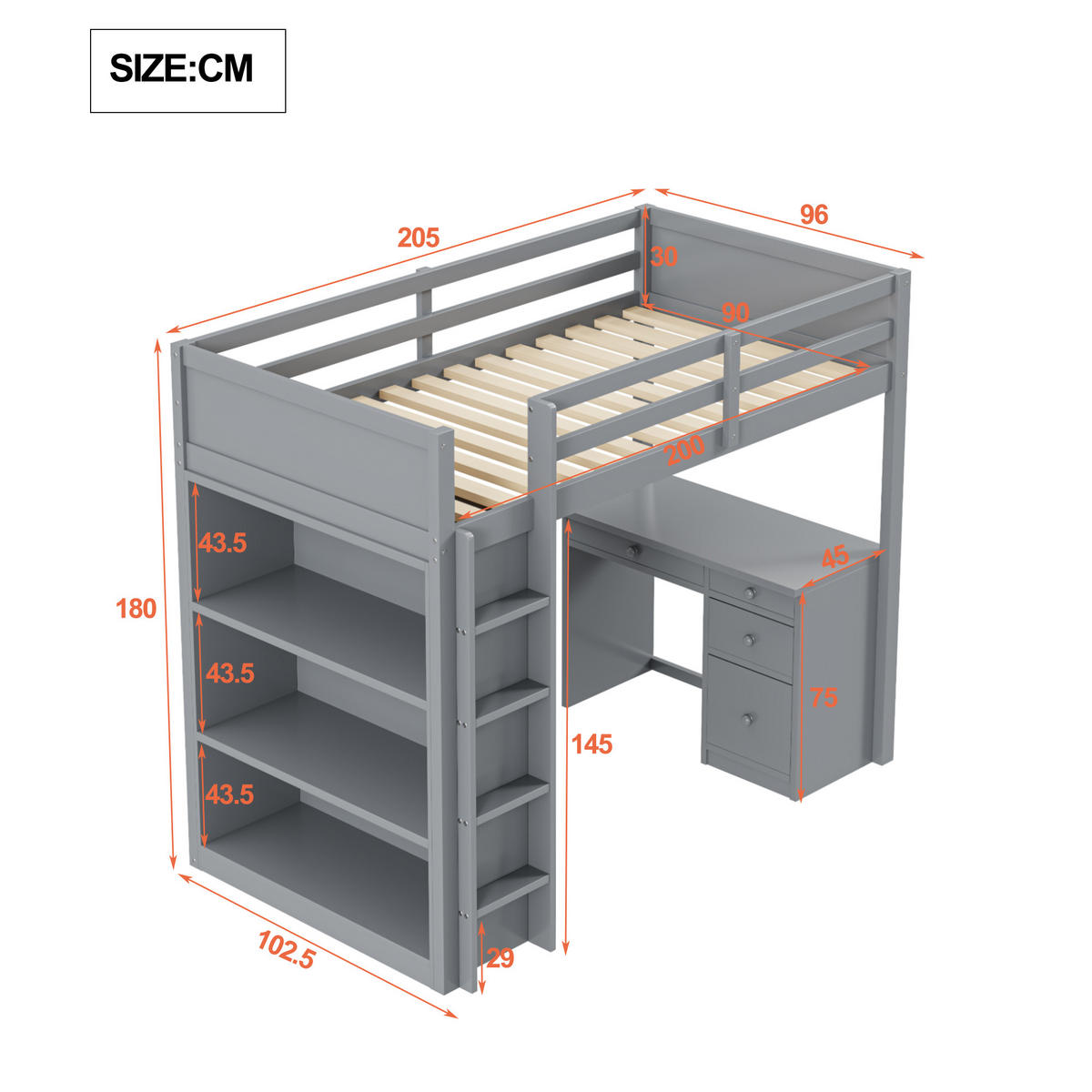 HOCHBETT 90/200 cm DE-01205, in Grau, mit Schrank und Computertisch - Grau, Holz (90/200cm) - ComfortXL
