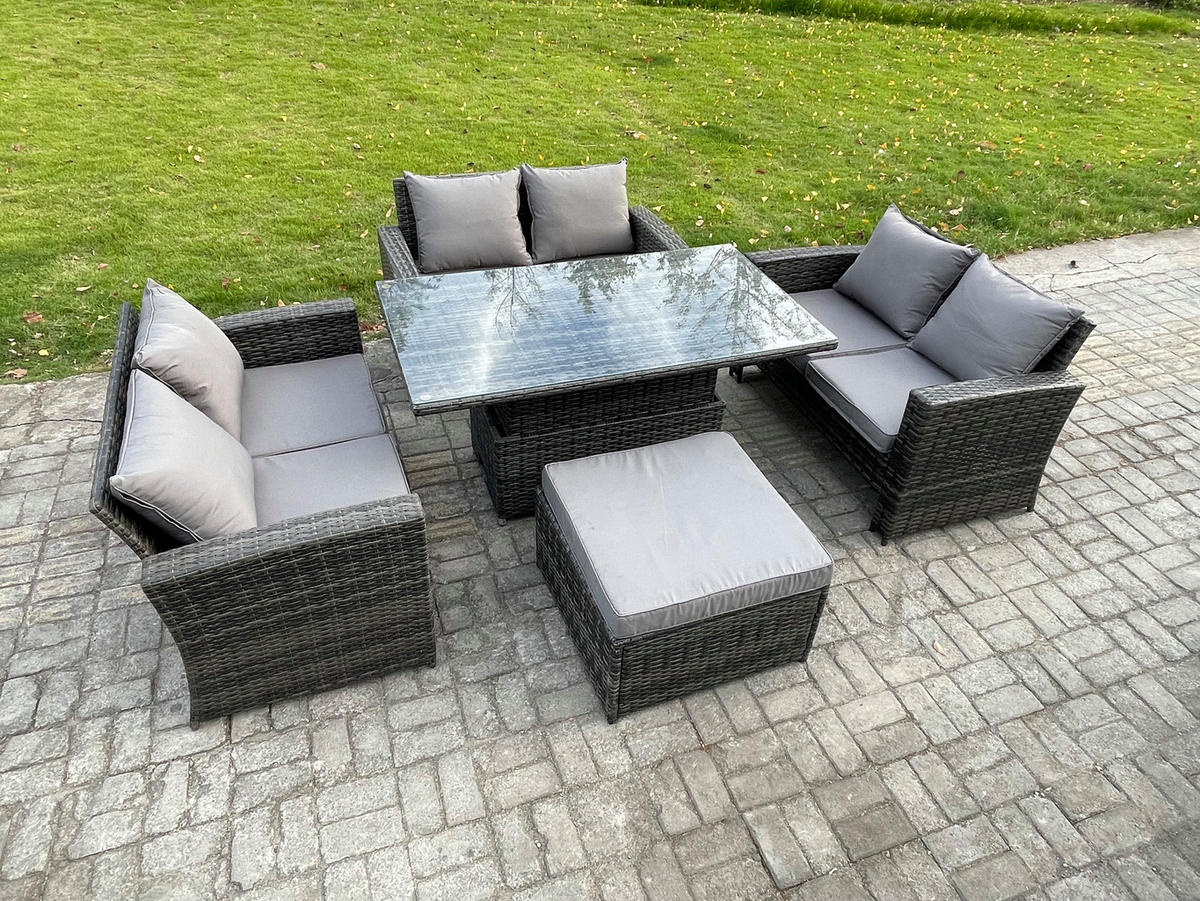 GARTENMÖBEL SITZGRUPPE MIT HÖHENVERSTELLBAREN ESSTISCH DOPPELSITZ-SOFA HOCKER Polyrattan Dunkelgrau Gemischt 7-Sitzer - Dunkelgrau, Metall - Fimous