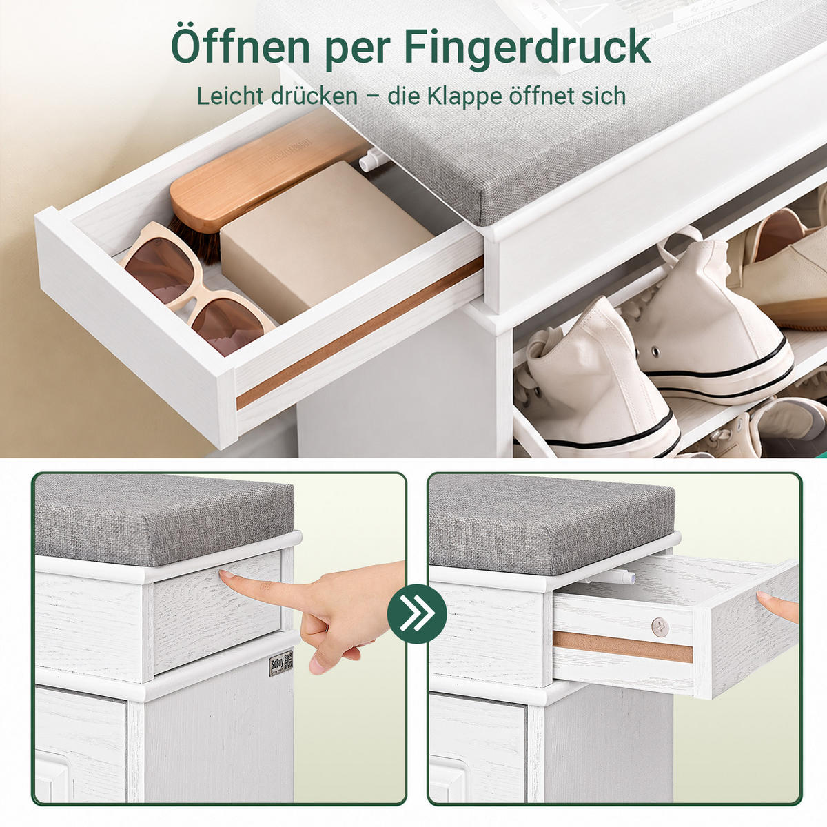 SCHUHBANK weiß, 104x52x24 cm, graues Sitzpolster, 8 Paar + Schublade, bis 150 kg - Weiß, Holzwerkstoff (104/54/24cm) - SoBuy