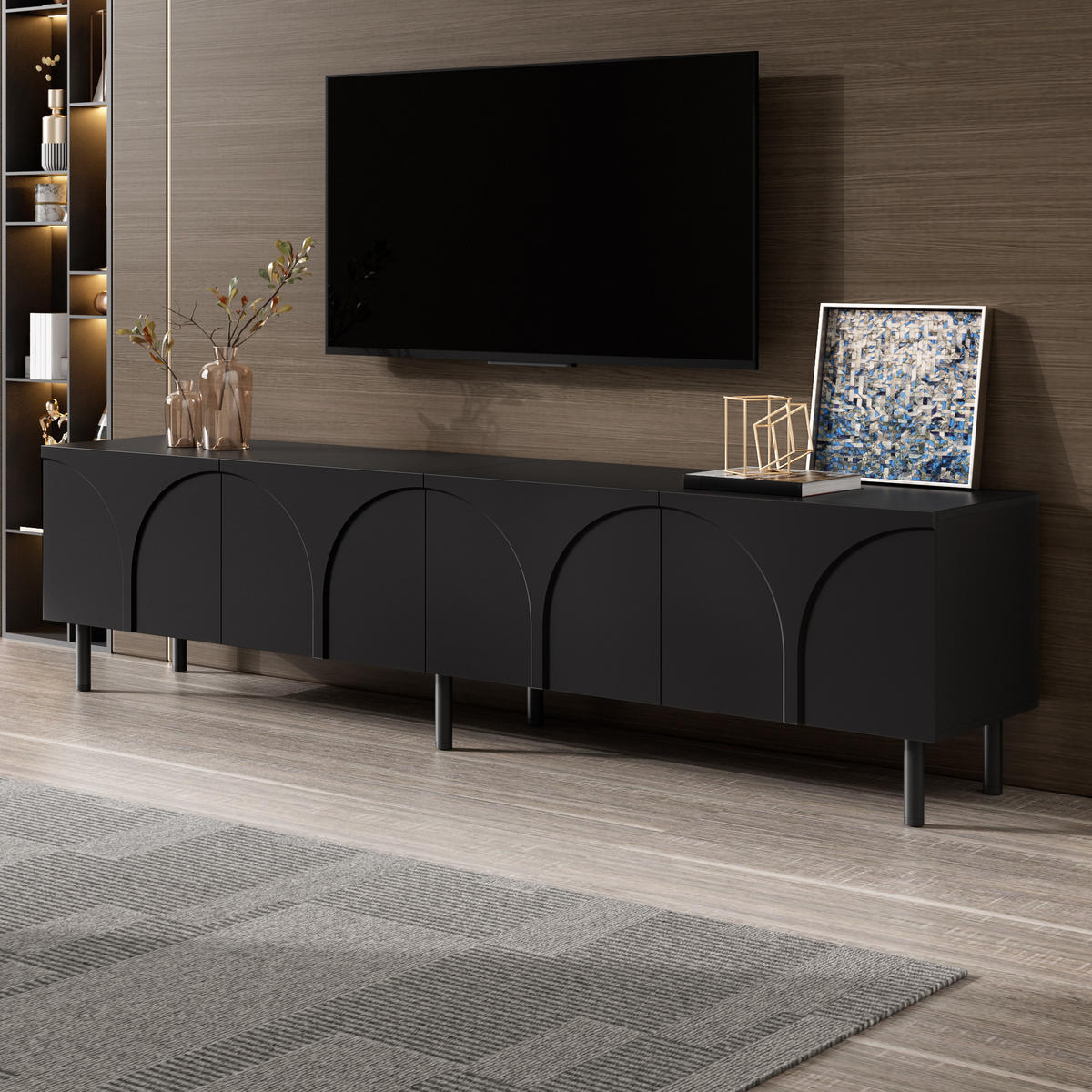 TV-SCHRANK 180/35/49 cm Schwarz mit 4 Türen und Metallfüßen - Schwarz, Holzwerkstoff/Metall (180/49/35cm) - Oxeza