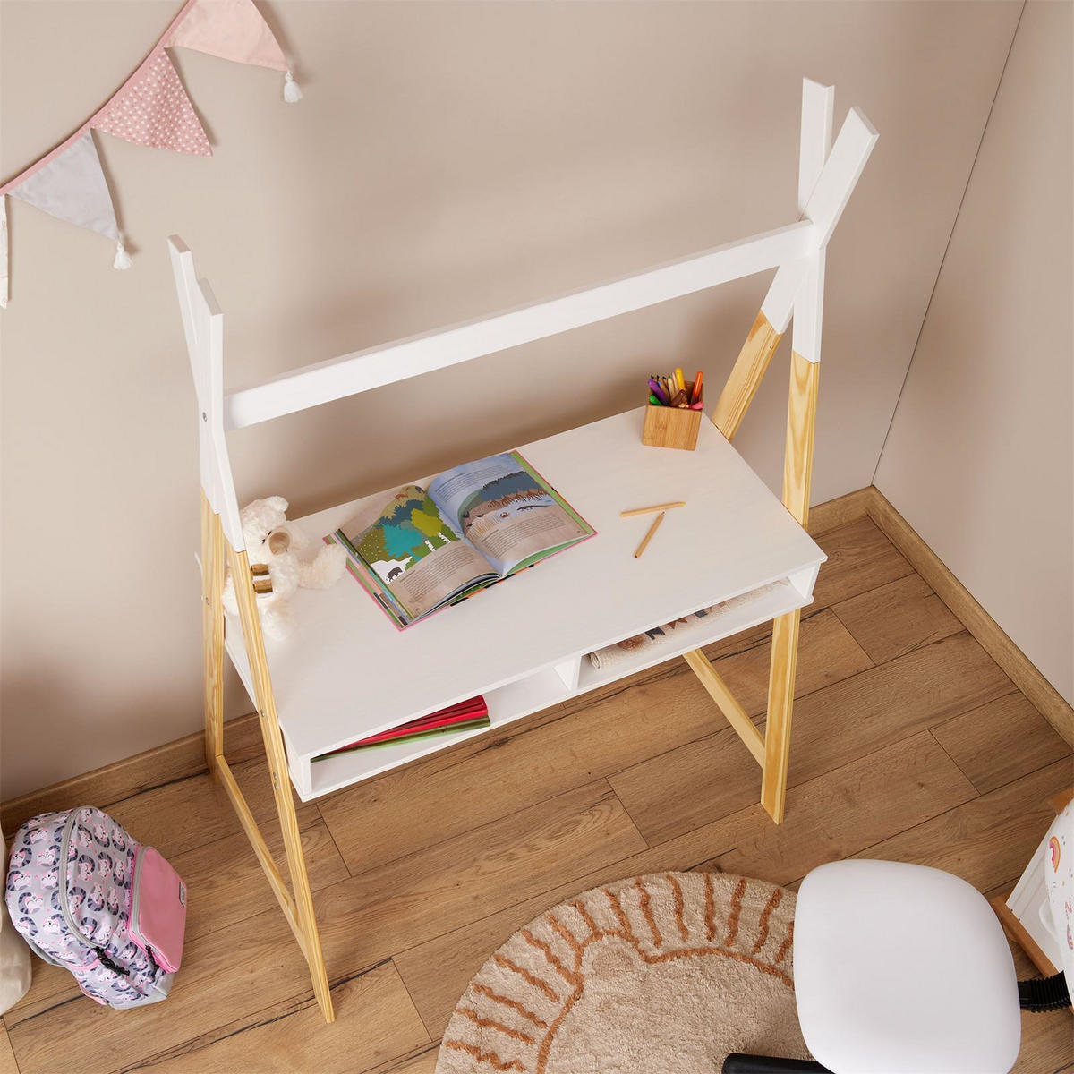 KINDERSCHREIBTISCH SIMI - Naturfarben/Weiß, Holz (104/155/65cm) - IDIMEX