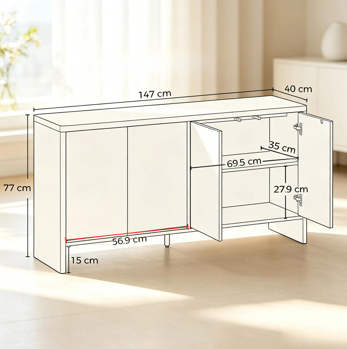 SIDEBOARD in Eiche-Optik 147x40x77 cm mit 4 Türen und verstellbaren Einlegeböden - Eichefarben, Holzwerkstoff (40/77/147cm) - IVMEU