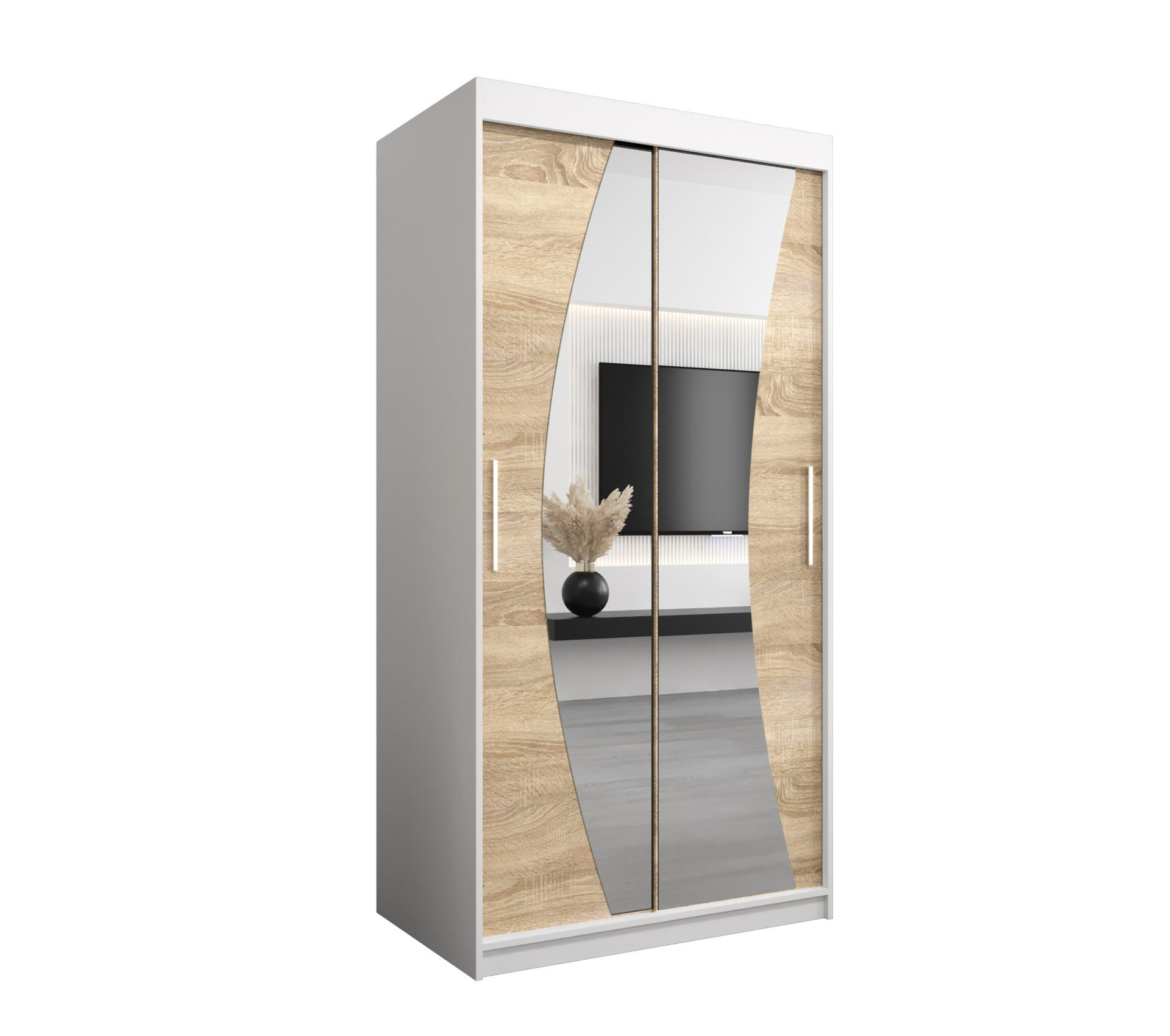 Abiks Möbel Schwebetürenschrank Weiß, Sonoma Eiche 100x200x62 cm