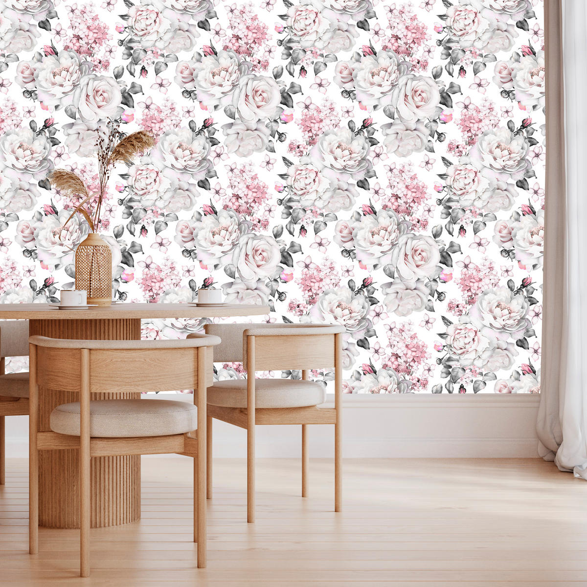 VLIESTAPETE Pastellrosen und Pfingstrosen – Rosa, Grau, Weiß – 50x1000 cm - Rosa/Weiß, Papier (50/1000cm) - Muralo