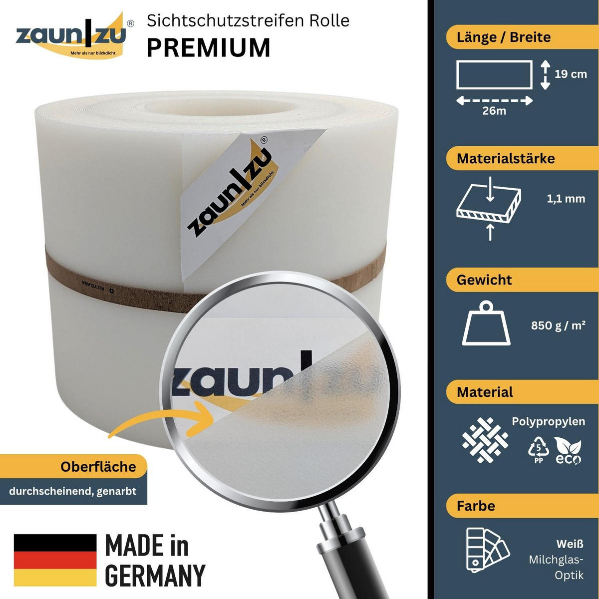 SICHTSCHUTZSTREIFEN Premium für Doppelstabmatten Zaunblende Milchglas Optik, 26m - Transparent, Kunststoff (2600/19cm) - ZAUN|ZU