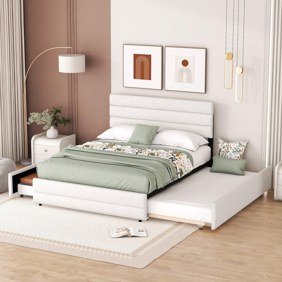 POLSTERBETT 140/200 cm Beige aus Leinen mit 2 Schubladen und Ausziehbett - Beige, Textil (140/200cm) - OKMYHOME