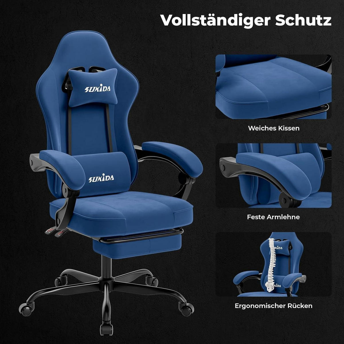 GAMING Stuhl mit Fußstütze Blau Stoff - Blau, Textil (62/130/49cm)