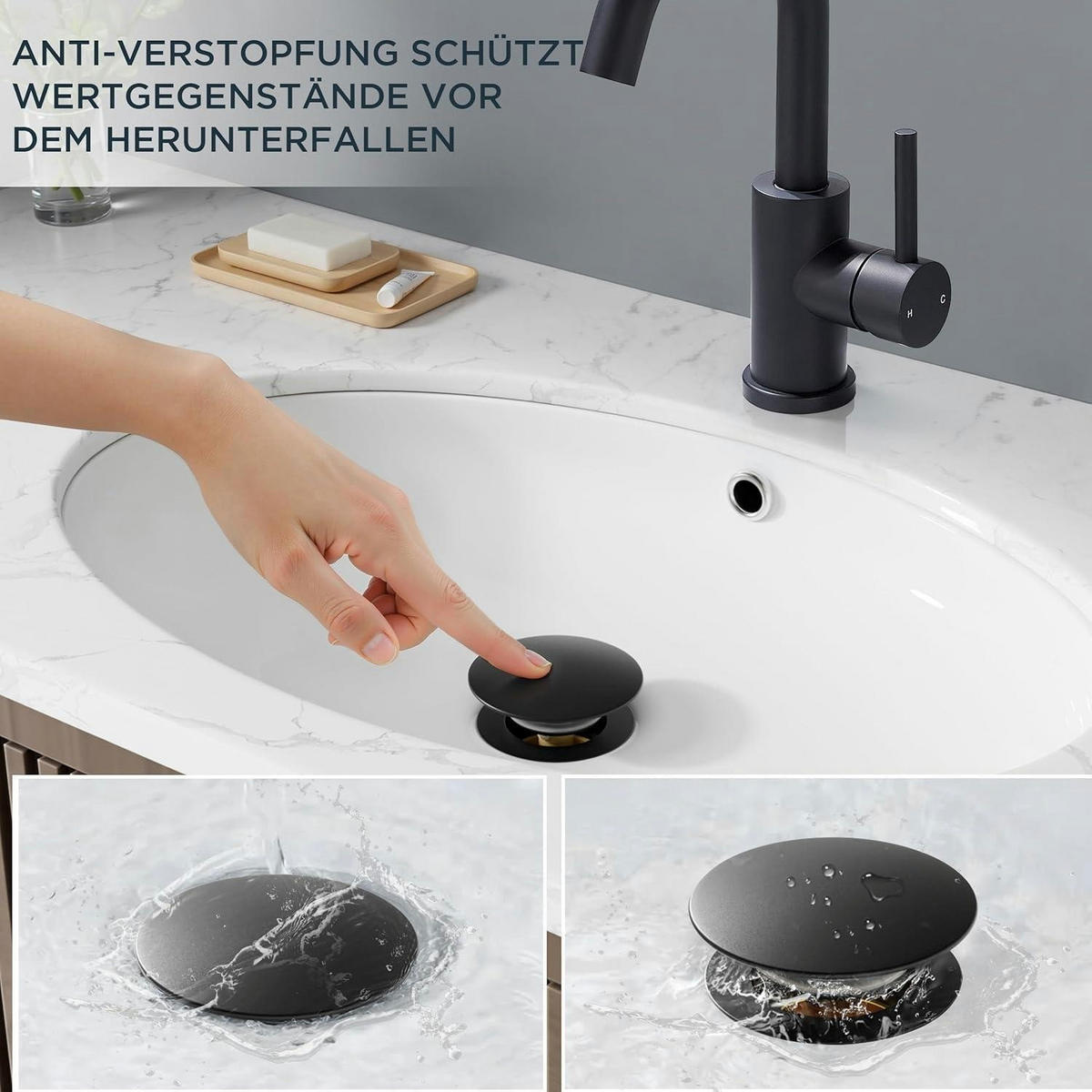 WASCHTISCHARMATUR Hoch Matt-Schwarz mit Ablaufgarnitur 175mm - Schwarz, Metall (15.1/17.5/25cm)