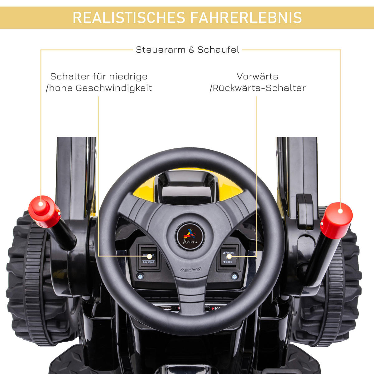 KINDER ELEKTROBAGGER, Grün/Gelb, PP-Kunststoff+ Stahl - Gelb, Metall (132/62/65cm) - HOMCOM