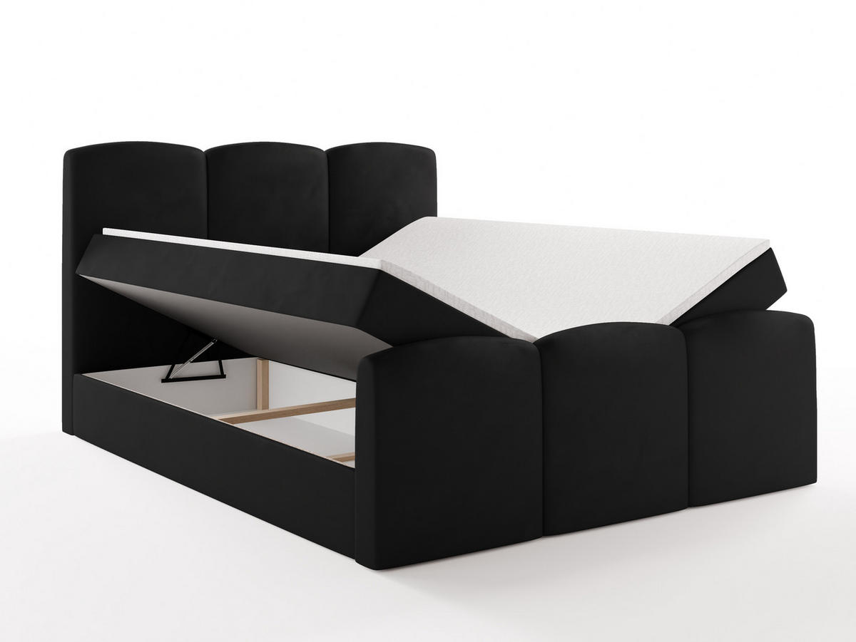 BOXBETT SAVIO 180x200 cm mit Bettkasten, Bonell-Matratze H3 und Topper – Samt Schwarz - Schwarz, Textil (180/200cm) - Luxkor24