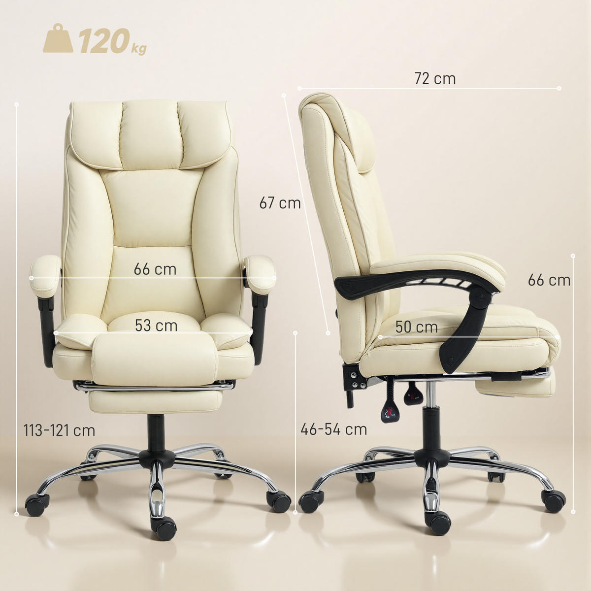 BÜROSTUHL Ergonomischer Schreibtischstuhl mit Verstellbar Rückenlehne Beige - Beige/Silberfarben, Kunststoff/Textil (66/121/72cm) - HOMCOM