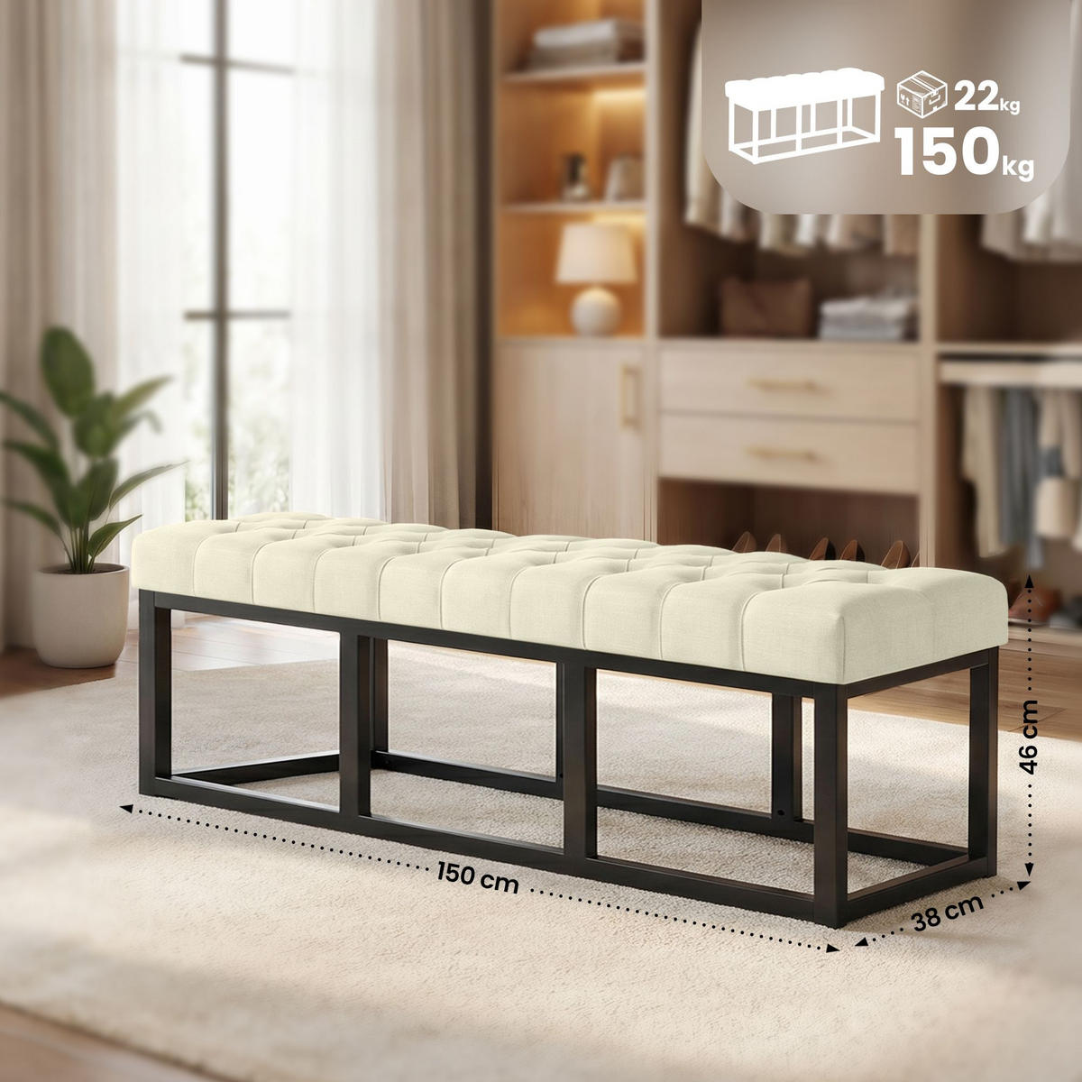 SITZBANK 150/38 cm Stoff Creme - Creme/Schwarz, Textil/Metall (150/46/38cm) - CLP