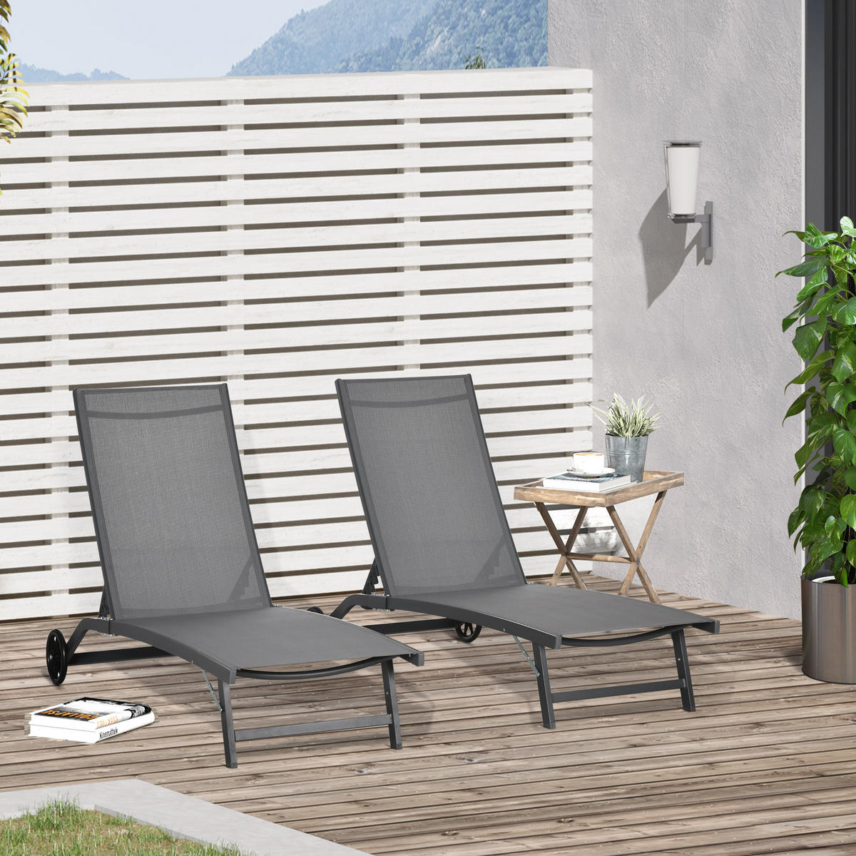 SONNENLIEGE 2er-Set Sonnenliegen mit verstellbarer Rückenlehne Dunkelgrau 66 x 165 x 102 cm - Grau, Metall (66/102/165cm) - Vallsero