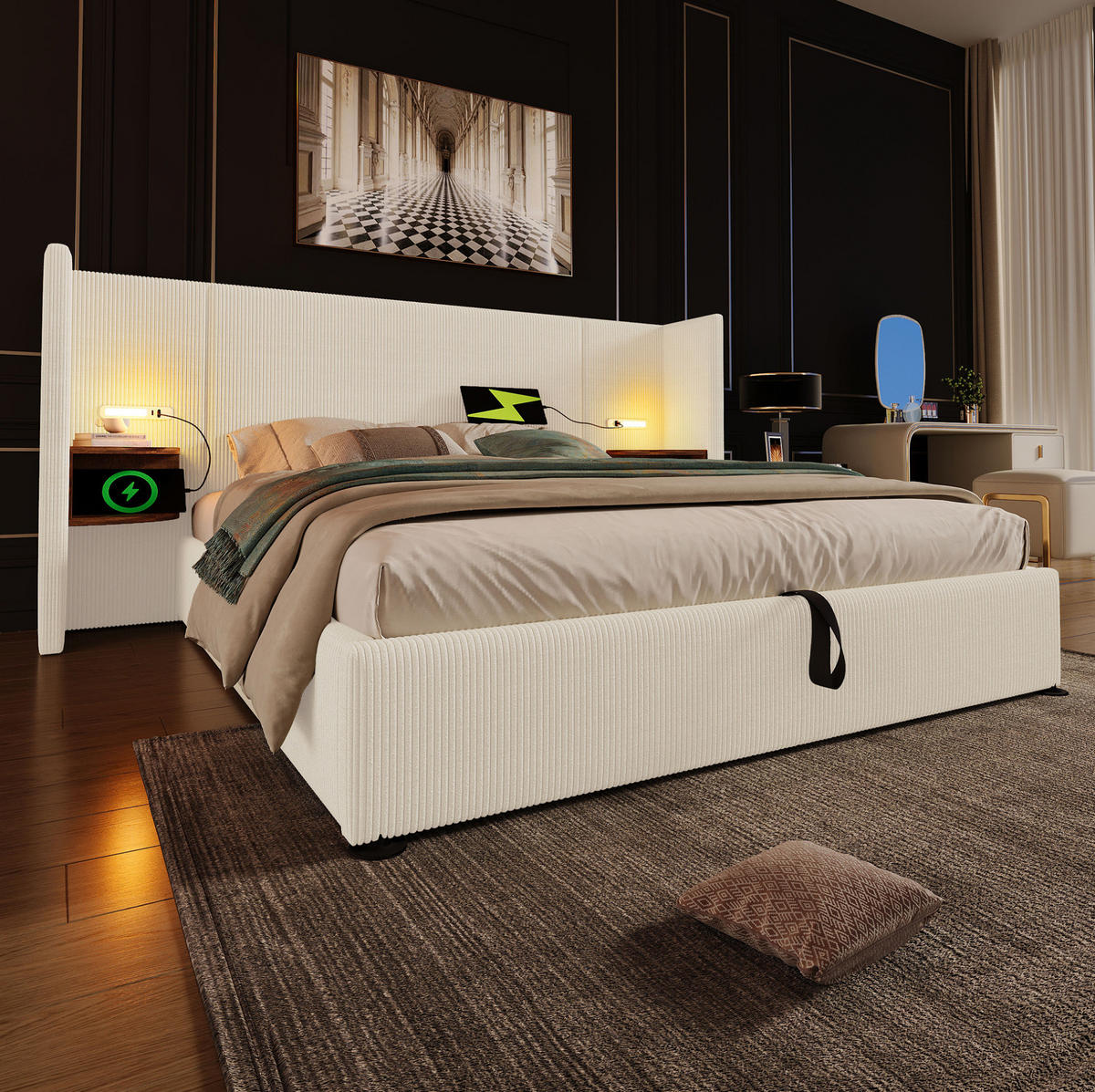 POLSTERBETT mit Bettkasten 180/200 cm mit Leselampe und USB-Anschlüssen - Beige, Textil (180/200cm) - BEAOK