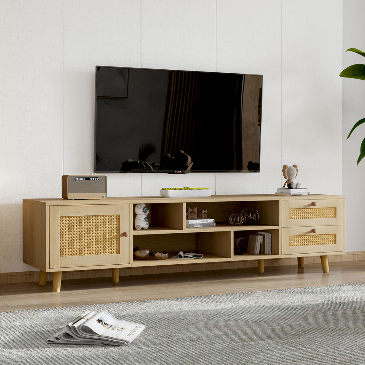 TV-SCHRANK 160cm Holzfarbe Rattan 2 Schubladen 1 Tür bis 70 Zoll - Braun, Holz (45.5/13.5/93cm) - FLIEKS