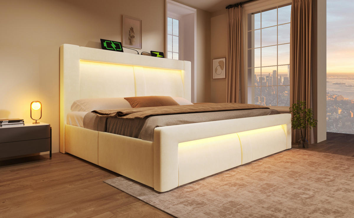 ČALOUNĚNÁ postel 140/200 cm béžová ze sametu s úložným prostorem, LED osvětlením a USB nabíjením - béžová, textil (140/200cm) - OKWISH