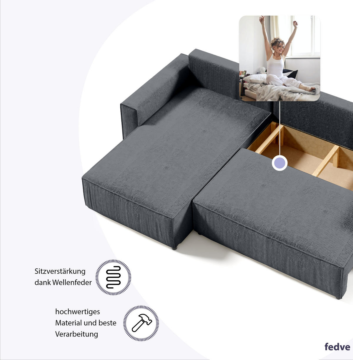ECKSOFA Couch Sofagarnitur Sekwana L-form Anthrazit - Anthrazit, Naturmaterialien (294/185cm) - Fedve