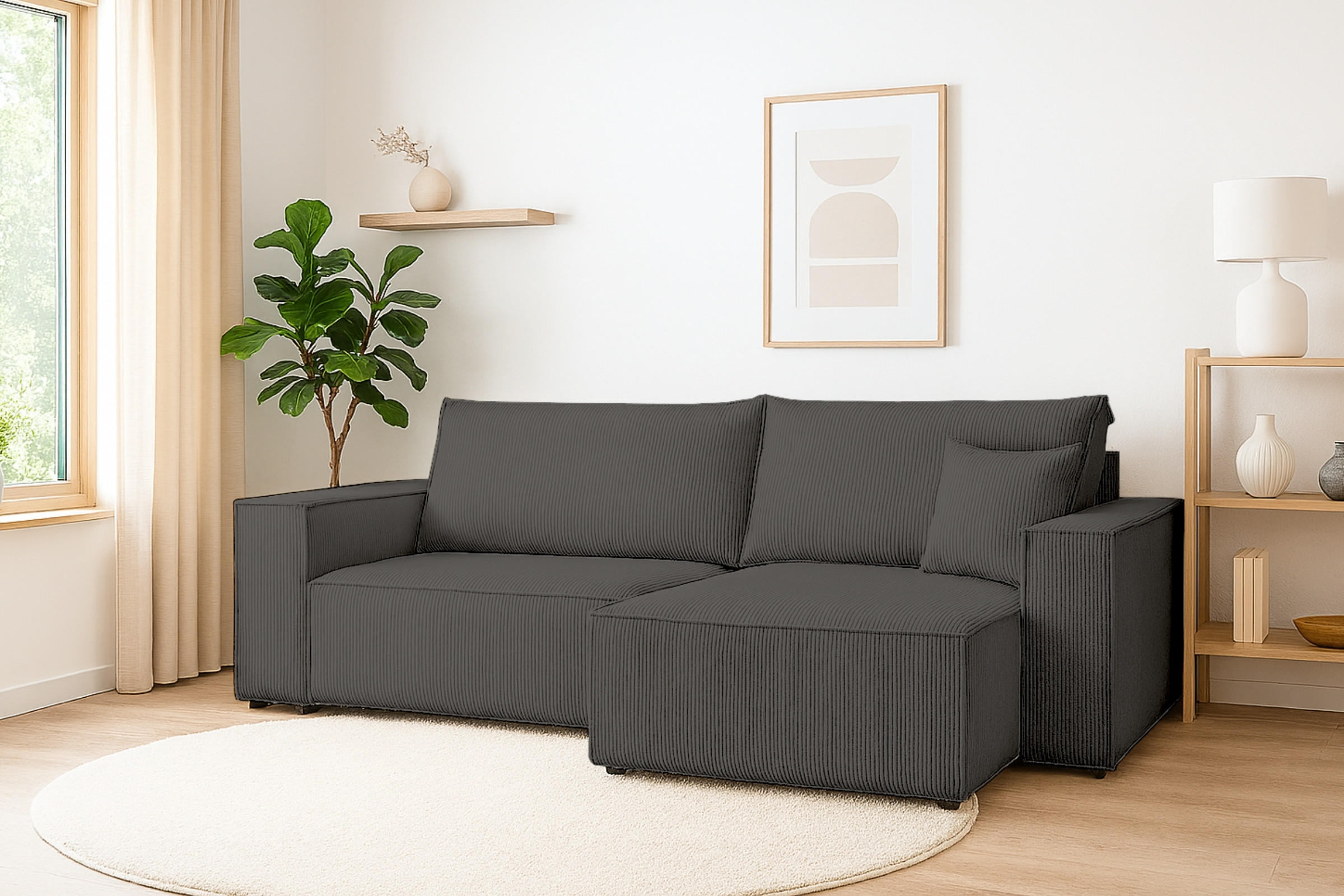 ECKSOFA MATT 255/153 cm rechts in Cord Anthrazit - Anthrazit/Schwarz, Holz/Holzwerkstoff (255/153cm) - Deine Möbel 24