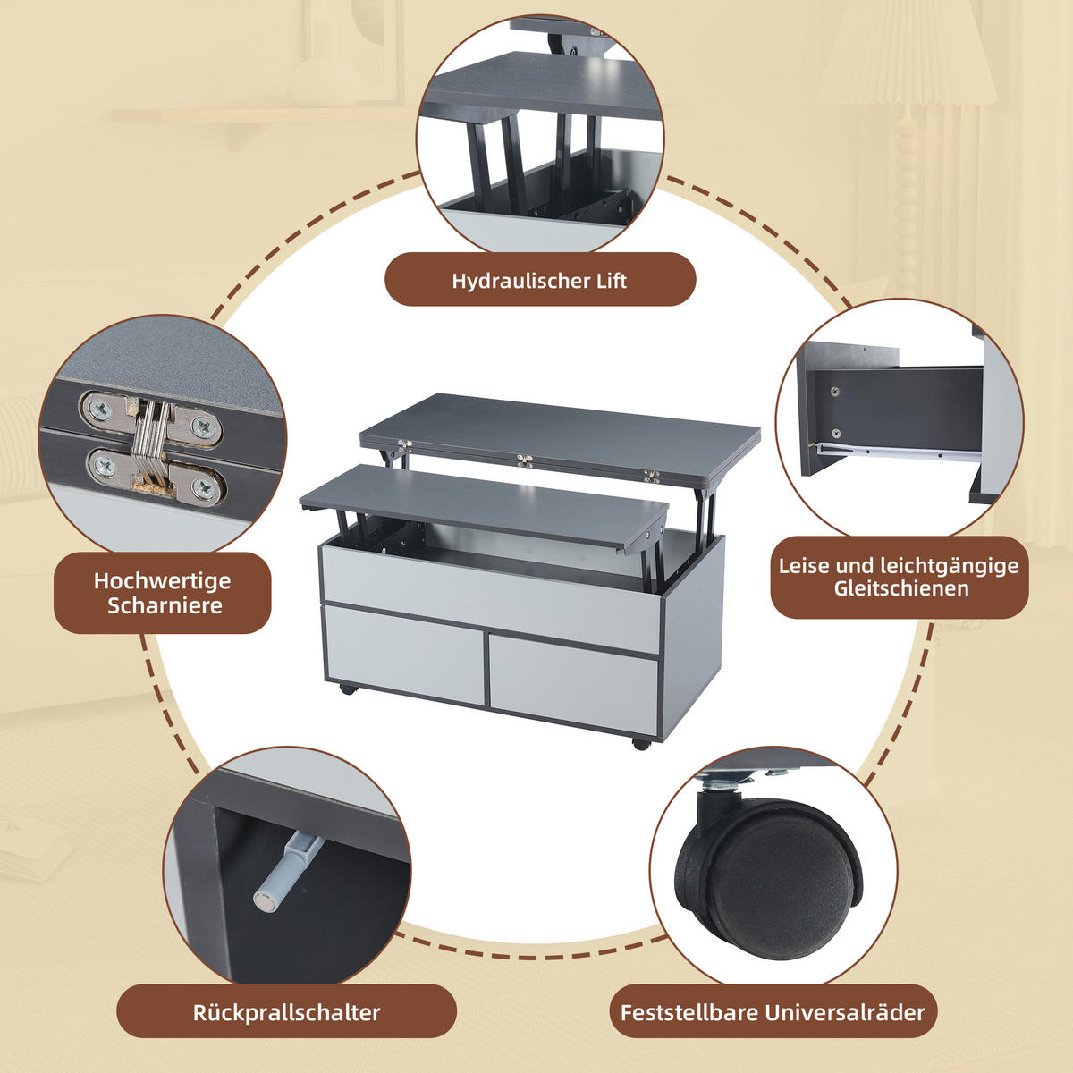 COUCHTISCH DE-174 mit Hydraulischem Lift Grau/Weiß - Grau, Holzwerkstoff (98/100/65cm) - ComfortXL