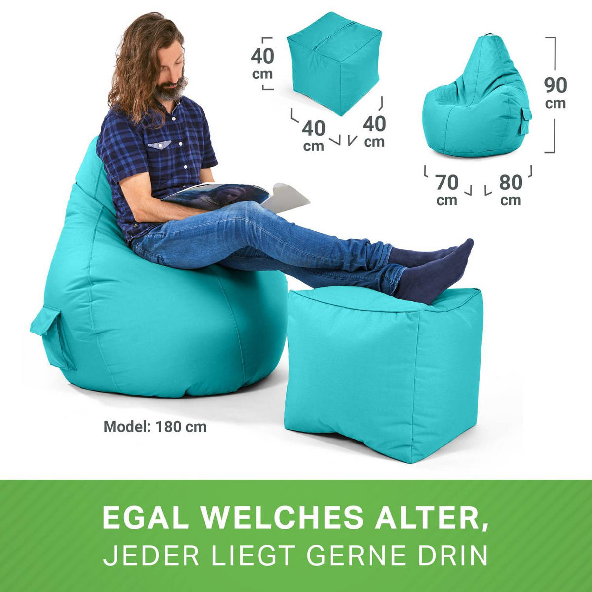 SITZSACK + Hocker "Cozy+Cube" 2er Set - Türkis, Textil (70/90/80cm) - Green Bean