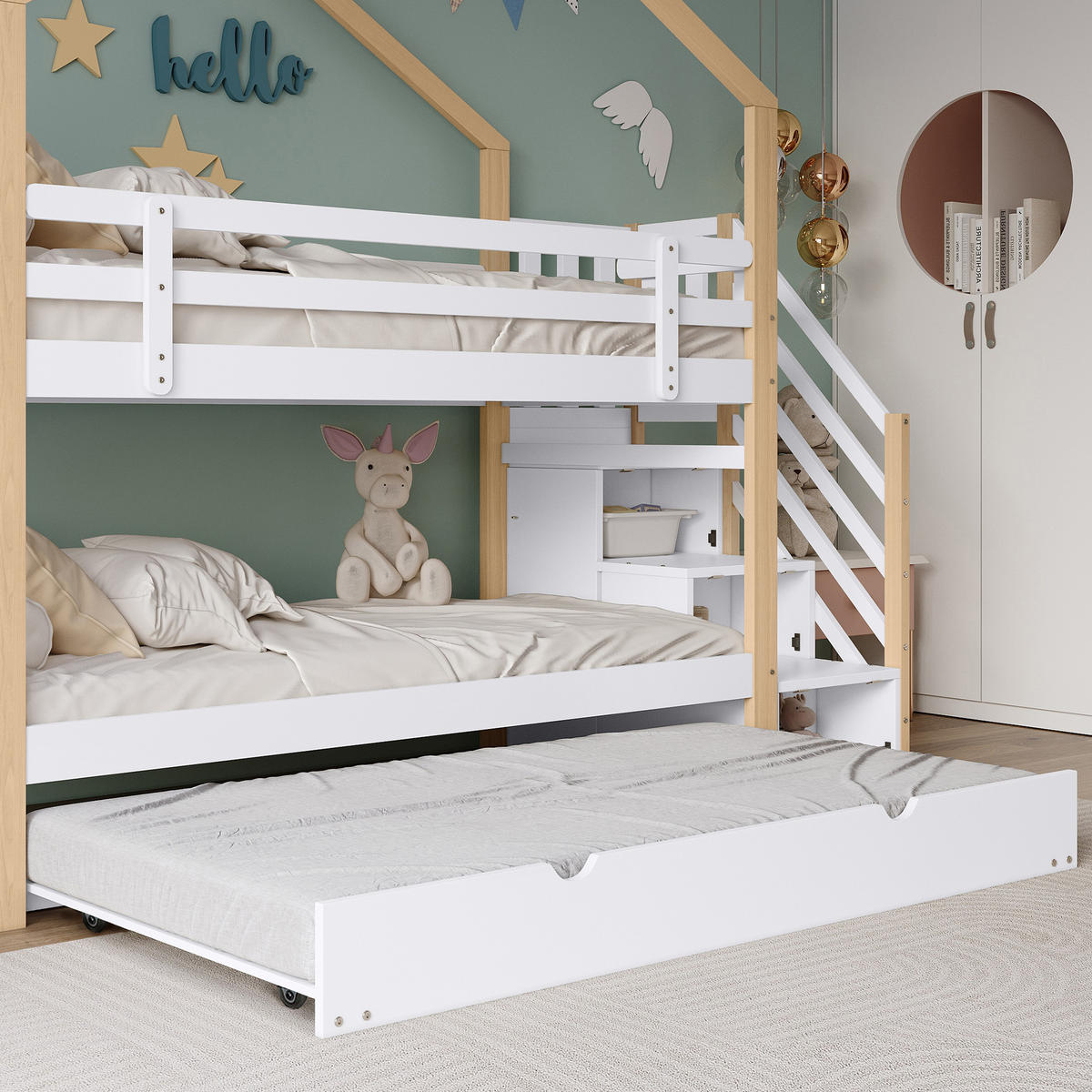 ETAGENBETT 90/200 cm weiß aus Massivholz mit Schiebebett und Treppe mit Schubladen - Weiß, Holz (90/200cm) - OKWISH