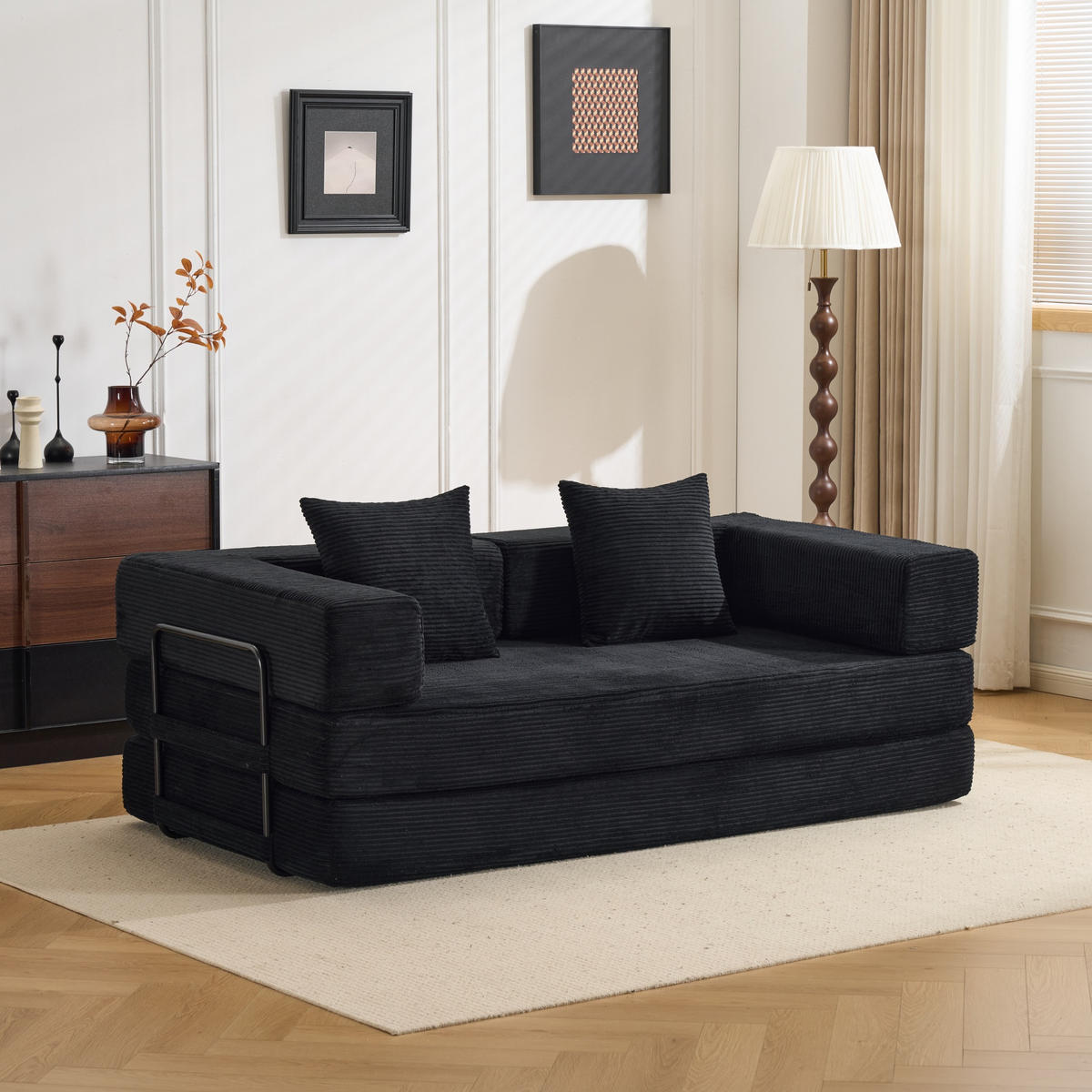 SCHLAFSOFA 2-in-1 faltbar aus Cordstoff, DE-42533, Schwarz - Schwarz, Textil (185/60/92.5cm) - ComfortXL