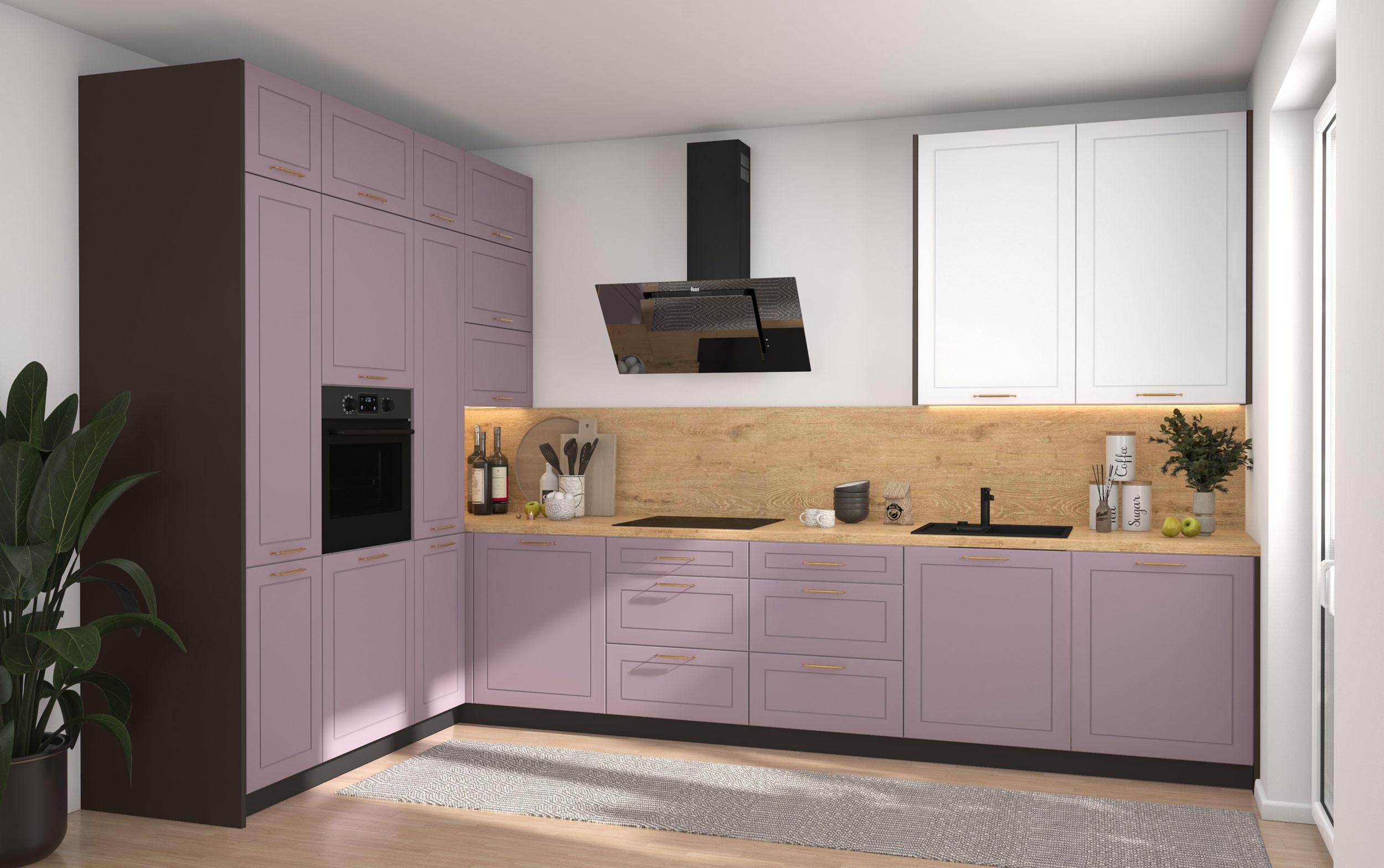 L-FORM KÜCHENZEILE Bari (16-tlg) Lava / Pastellviolett - Signalweiß - Violett, Holzwerkstoff/Metall (347/243/202cm) - Feldmann-Wohnen