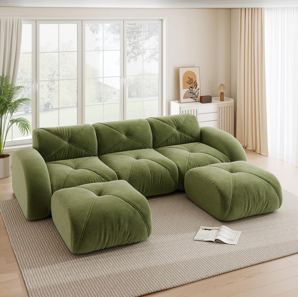WOHNLANDSCHAFT Grün aus Chenille mit Hockern und rahmenlosem Design - Grün, Textil (171/76/281cm) - Flora Grace