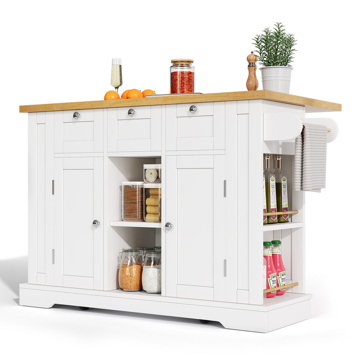 KÜCHENINSELWAGEN mit ausziehbarer Arbeitsplatte 132 cm White/Natural - Weiß, Holz (70/87/132cm) - Beauniv