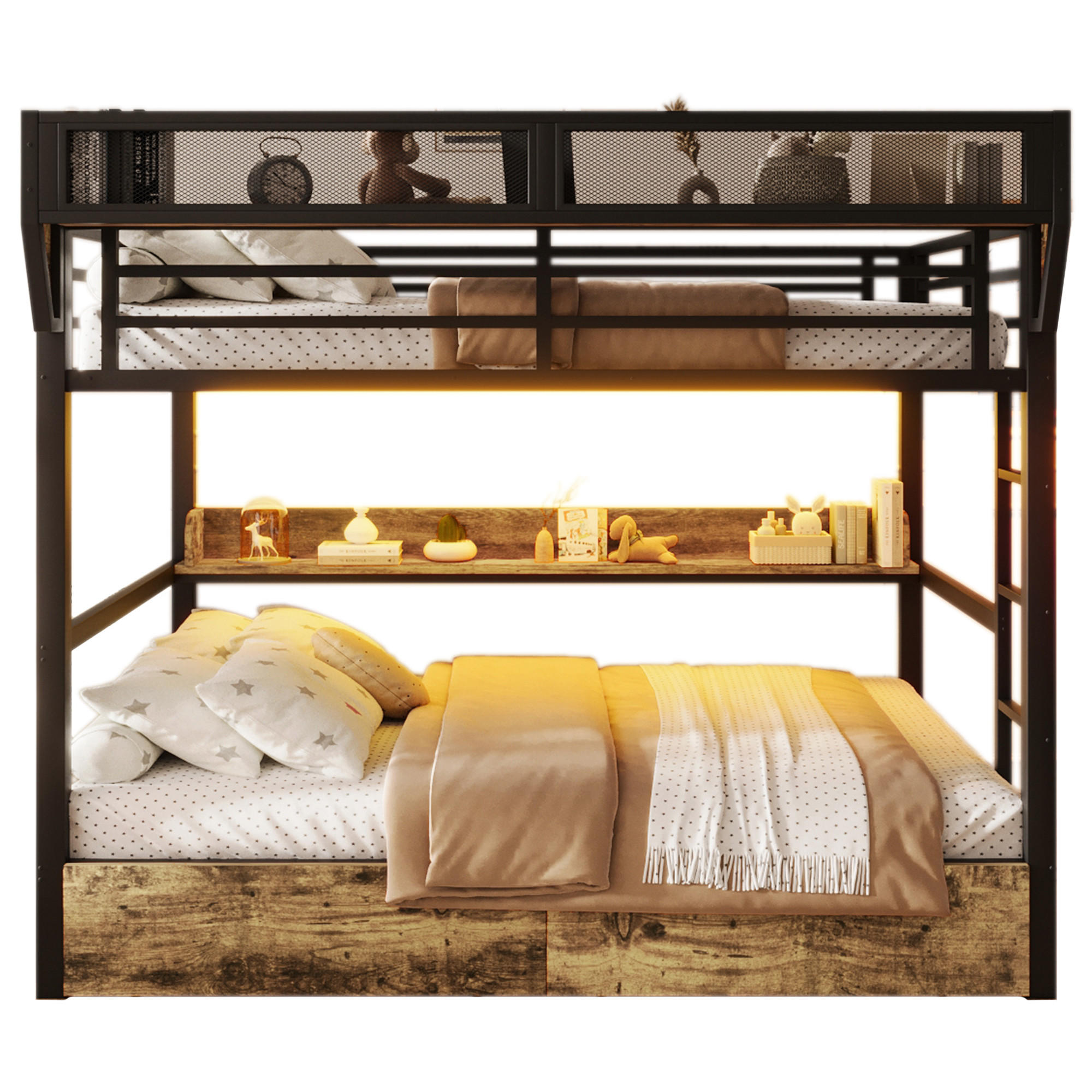 ETAGENBETT 140/200 cm in Schwarz mit LED, Regal, Körben und Schubladen - Schwarz, Holzwerkstoff/Metall (140/200cm) - WISHDOR