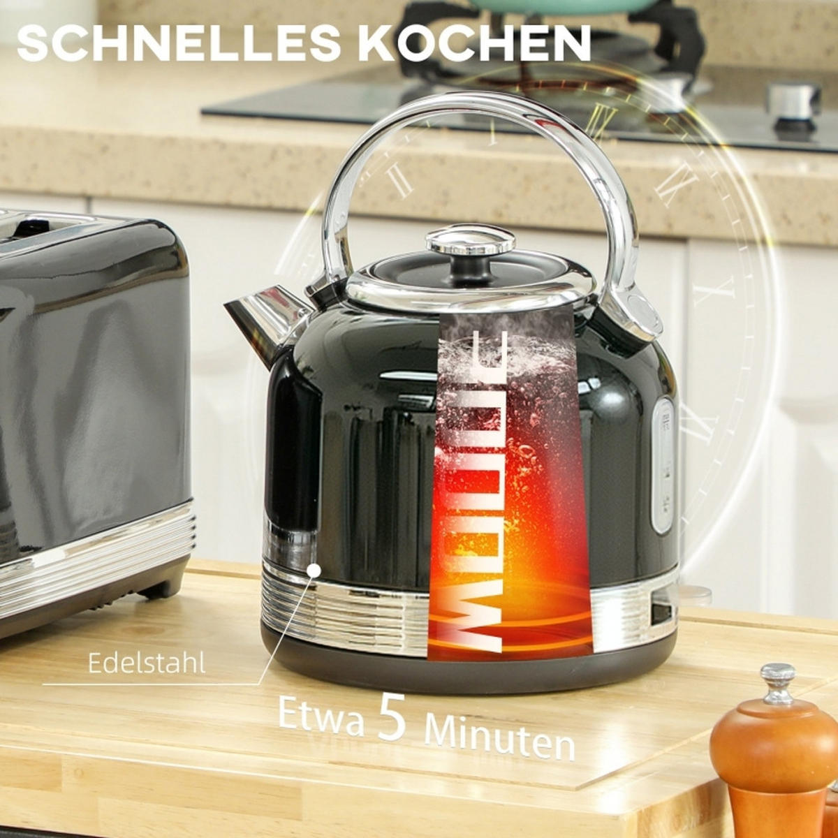 WASSERKOCHER-TOASTER , Retro Design, Edelstahl, Schwarz, 24,2/19,3/26,8 cm - Schwarz, Kunststoff (19.3/26.8/24.2cm) - Rolipo