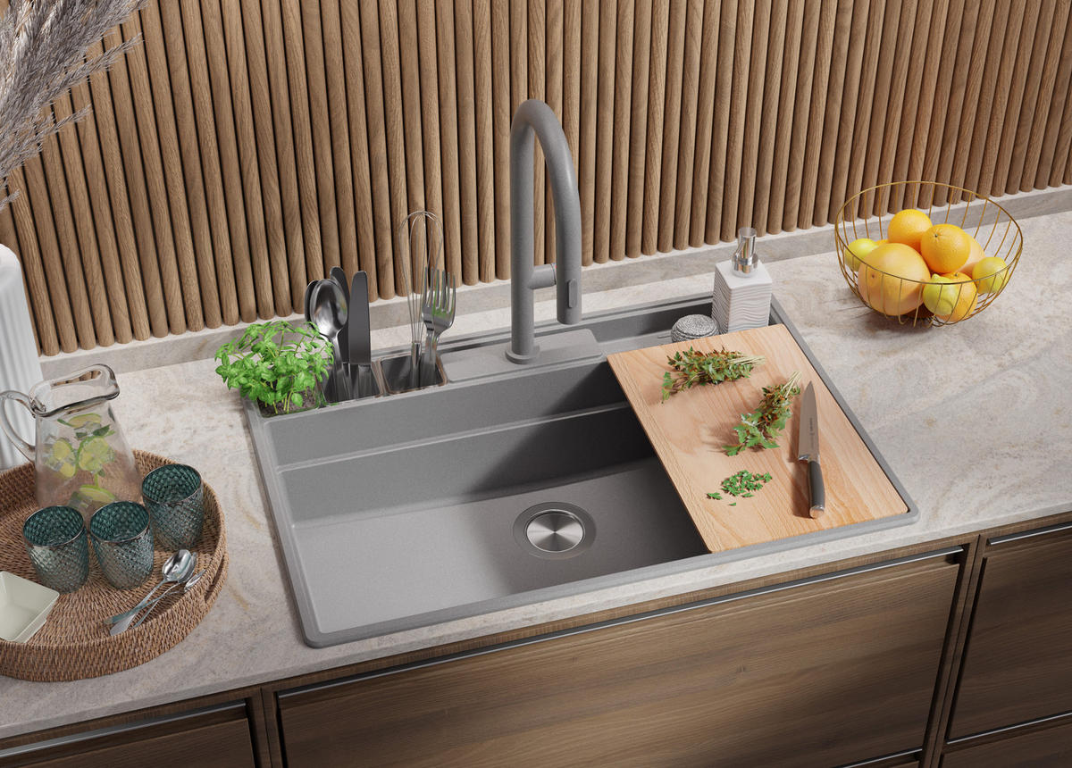 SPÜLBECKEN New York, 2-er set Grau 78/53 cm 1 Becken + Ablauf-Set + Küchenzubehörset ab 80er Unterschrank - Chromfarben/Beige, Kunststoff (78/20/53cm) - Primagran