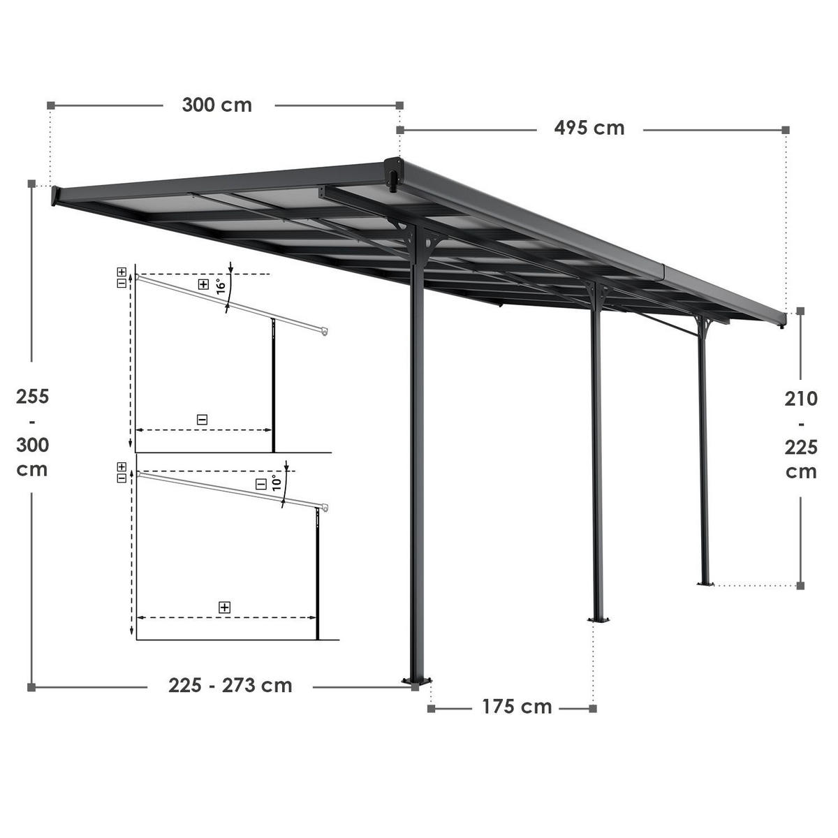 TERRASSENDACH Borneo Aluminium 4,9x3m dunkelgrau - Dunkelgrau, Metall (495/300/300cm) - Juskys