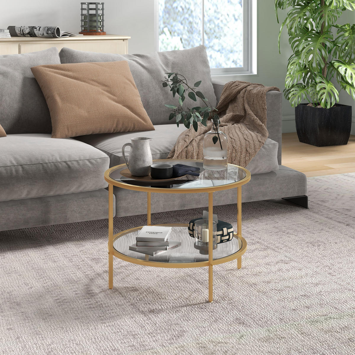 BEISTELLTISCH, Gehärtetes Glas, Gold - Goldfarben, Glas (60/60/43cm) - HOMCOM